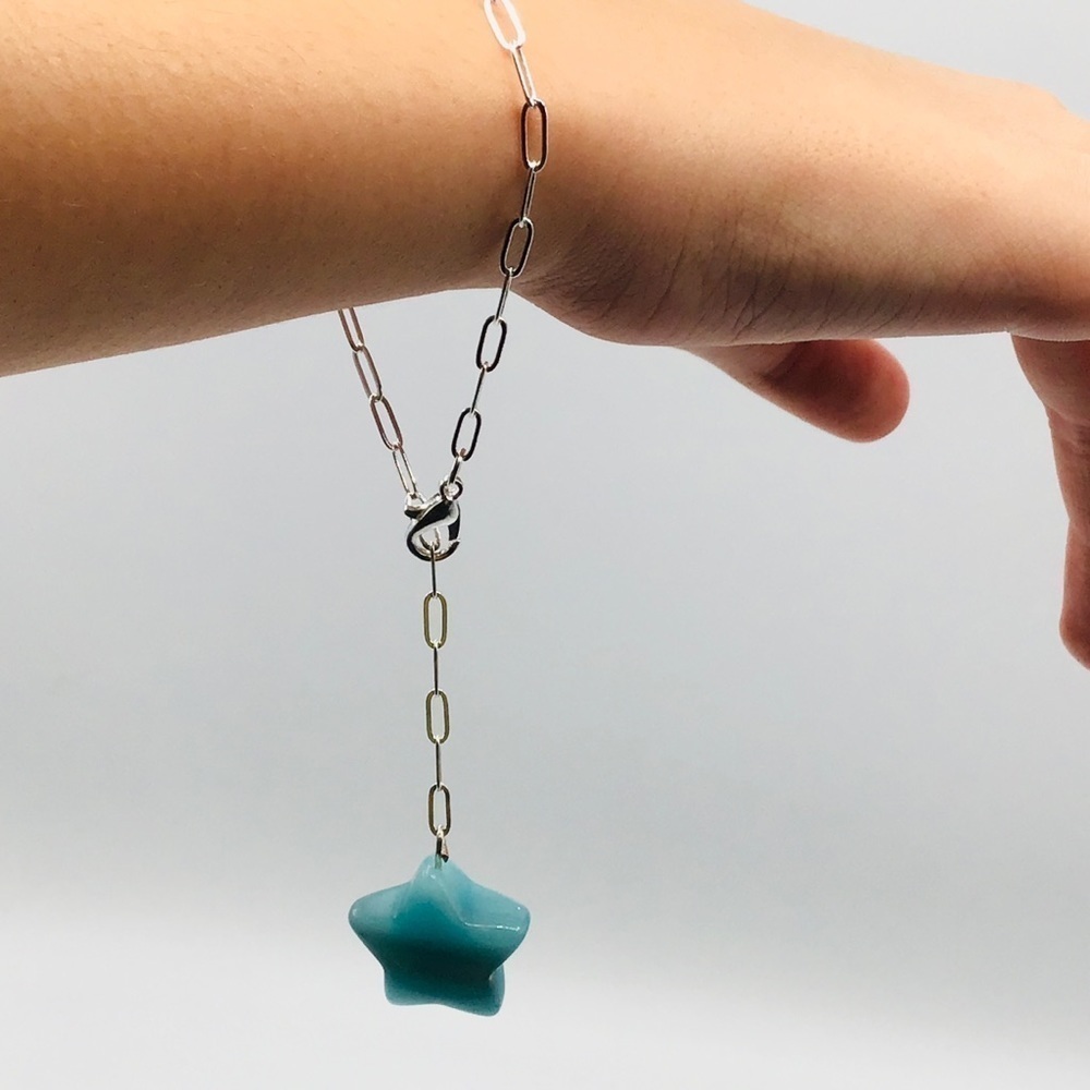 BRACELET Paper Clip Chain Link Blue Star Gemstone Dangle Anime Silver Tone